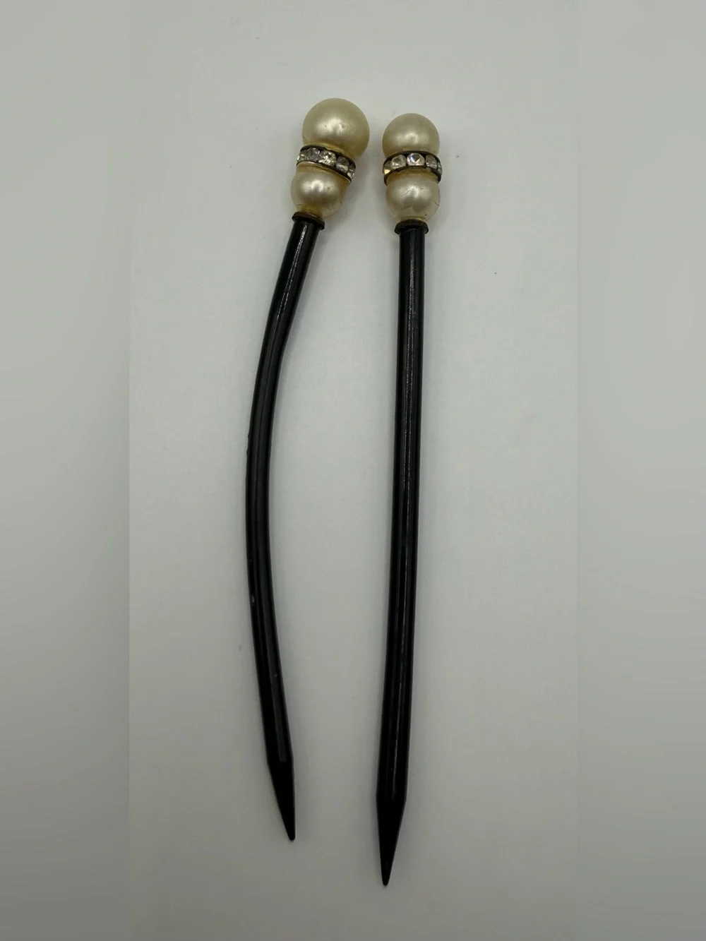 2 Vtg Art Deco Hair Stick French Black Celluloid Faux Pearl Rhinestone Bun Pin